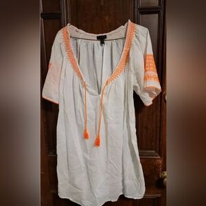 J CREW White Orange Morroccan Embroided Mini Dress Tunic BOHO 100 % Cotton-Med.
